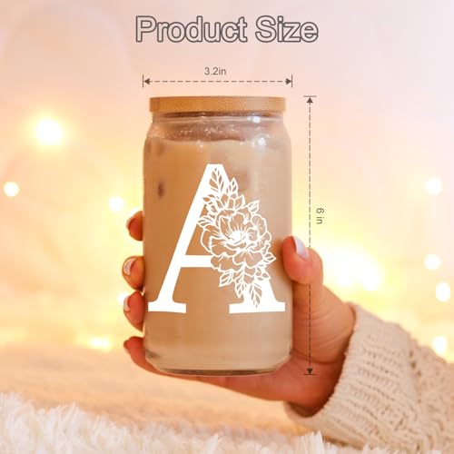 Coolife Initial Glass Cup, Monogrammed Gifts for Women, 16oz Glass Cups w/Lids Straws, Iced Coffee Smoothie Beer Tumbler w/Straw Lid, Personalized Mothers Day, Birthday Gifts for Woman Mom Friend Her - Image 5