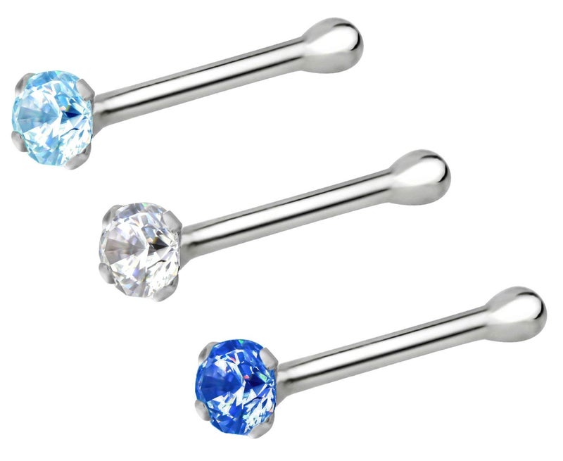 Forbidden Body Jewelry Nose Rings Sterling Silver CZ Simulated Diamond Micro Nose Studs 22G Set of 3 (Clr, Blue, Aqua) - Image 1