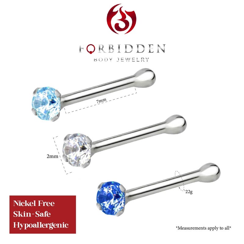 Forbidden Body Jewelry Nose Rings Sterling Silver CZ Simulated Diamond Micro Nose Studs 22G Set of 3 (Clr, Blue, Aqua) - Image 2