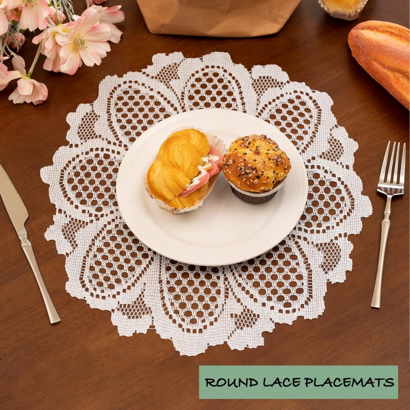 Jayla 2 Pcs Round Lace Placemats for Tables Embroidered Vintage Crochet Floral Lace Table Runner Vintage Wedding, 15" - Image 2