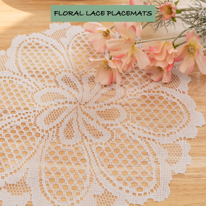 Jayla 2 Pcs Round Lace Placemats for Tables Embroidered Vintage Crochet Floral Lace Table Runner Vintage Wedding, 15" - Image 5