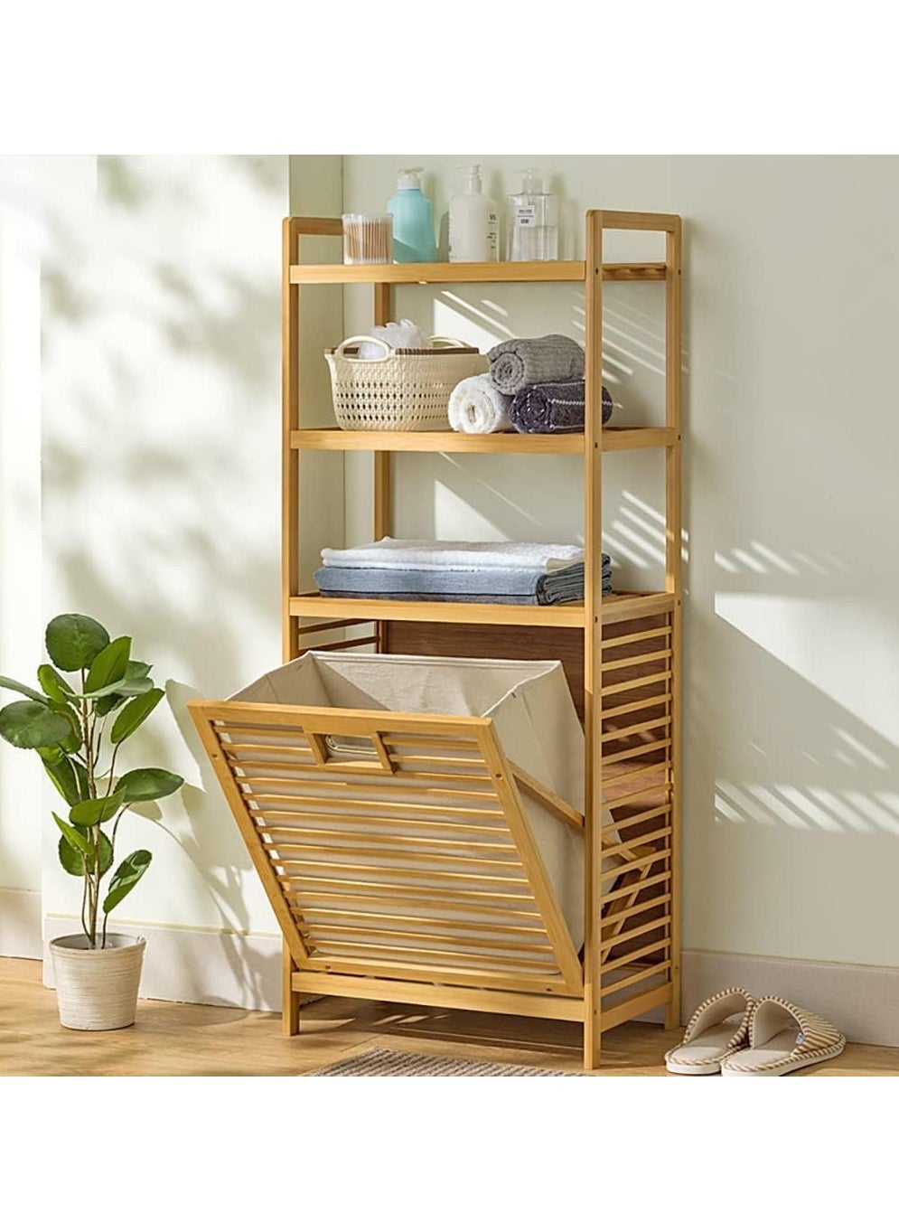 LEDIN 3-Tier Shelves Bamboo Laundry Hamper Basket Floor Storage Cabinet Freestanding Bathroom Side Storage Organizer with Doors for Hallway Kitchen Living Room Natural Wood Colour 