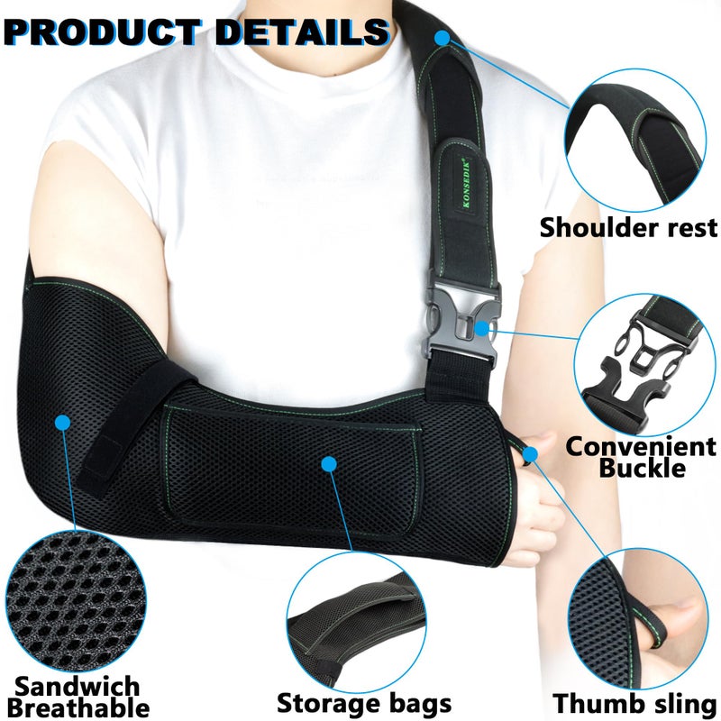 KONSEDIK Arm Shoulder Sling,Breathable Medical Sling with Shoulder Pad,support for Women and Men Rotator Cuff Injury,Left or Right Arm,Elbow,Clavicle Fracture Post-Surgery(Black,Medium) - Image 3