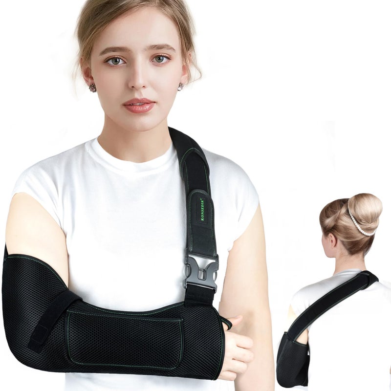 KONSEDIK Arm Shoulder Sling,Breathable Medical Sling with Shoulder Pad,support for Women and Men Rotator Cuff Injury,Left or Right Arm,Elbow,Clavicle Fracture Post-Surgery(Black,Medium) - Image 1