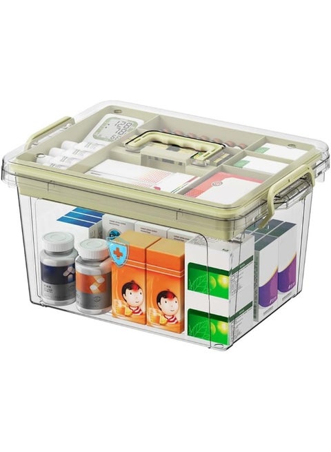 صندوق تخزين الطب العائلي: صندوق تخزين بلاستيكي شفاف مع صينية منظم أدوات مع مقبض صندوق تخزين متعدد الاستخدامات للأدوية والألعاب والأدوات واللوازم المكتبية