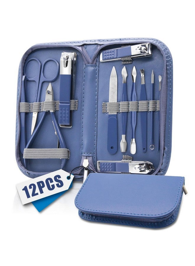 BLESWIN Manicure Set Professional Nail Clippers Pedicure Kit, 12 Pcs Stainless Steel Nail Care Tools Grooming Kit With Luxurious Travel Leather Case For Men Women Gift (Blue) - Image 1