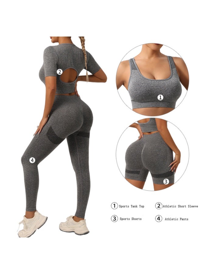 حزمة رياضية لنساء 4 قطع: بنايات رفع الخصر الضيقة، سوتيان رياضي عالي الدعم، شورتات الجيم، قميص رياضي قصير الأكمام - Image 1