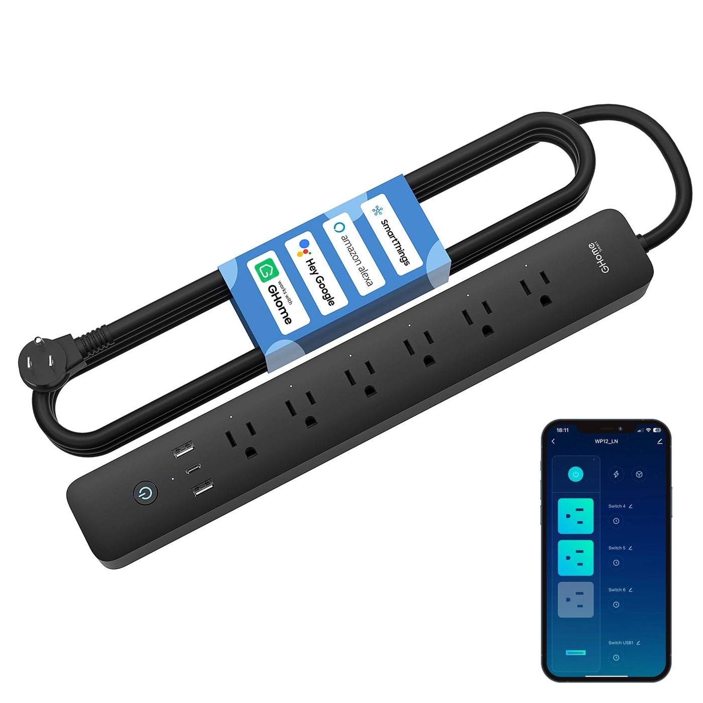 GHome Smart Power Strip 15A, 2.4G WiFi Smart plugs that work with Alexa & Google Home, Surge Protector Flat Plug with 6 APP Control WiFi outlets, FCC Listed, 7.18 ft flat extension cord, No Hub Needed
