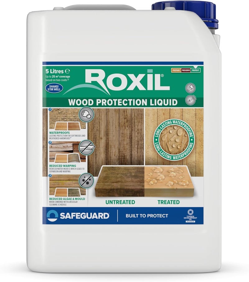 Roxil Wood Waterproofing Liquid (5L Clear) - Preserver for Outdoor Decking, Fence, Sheds and Furniture - Image 1