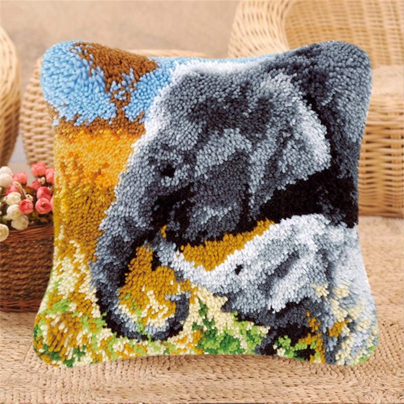 LAPATAIN Latch Hook Kits for DIY Throw Pillow Cover,Needlework Cushion Cover Hand Craft Crochet for Great Family 17X17inch Two Elephants(Grey and White) - Image 1