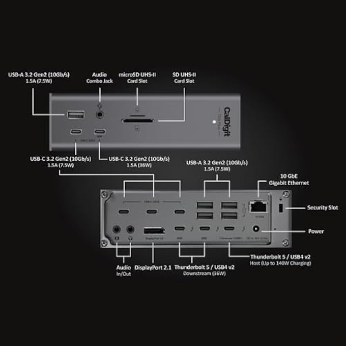 CalDigit TS5 PLUS - 20 PORT THUNDERBOLT 5 DOCK, 140W CHARGING, 3X 80GB/S THUNDERBOLT 5, 10X 10GB/S USB PORTS, DUAL USB CONTROLLERS, 10GBE, UP TO DUAL 8K 60HZ DISPLAYS, 1.0M BRAIDED CABLE, 330W PSU - Image 3