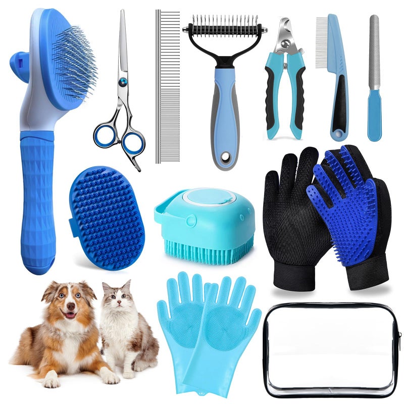 2TRUL Dog Brush for Shedding 13pcs Bath Grooming Kit with Pet Nail Clipper and File - Dog Bath Brush Cat Grooming Supplies, Dematting Comb Bath Brush Shampoo Scrubber for Dogs and Cats - Image 1