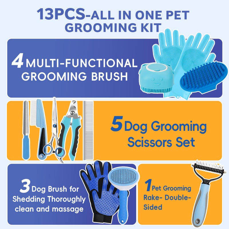 2TRUL Dog Brush for Shedding 13pcs Bath Grooming Kit with Pet Nail Clipper and File - Dog Bath Brush Cat Grooming Supplies, Dematting Comb Bath Brush Shampoo Scrubber for Dogs and Cats - Image 2