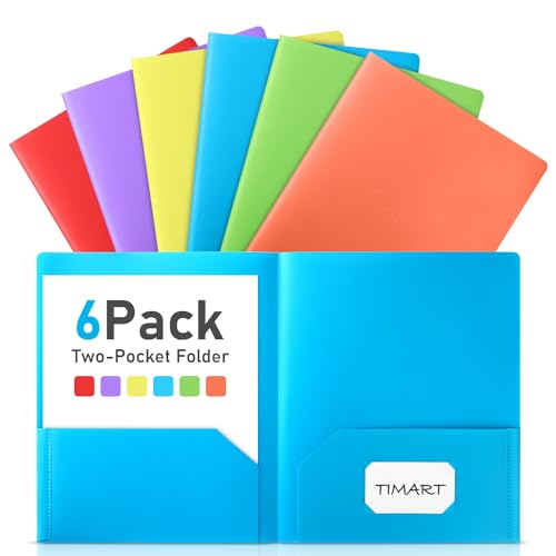 Timart Folders with Pockets-6 Pack, 2 Pocket Folders Fit Letter Size Paper, Colored Plastic File Folders for Documents, Plastic File Folder for School Office Home Bussiness - Image 1