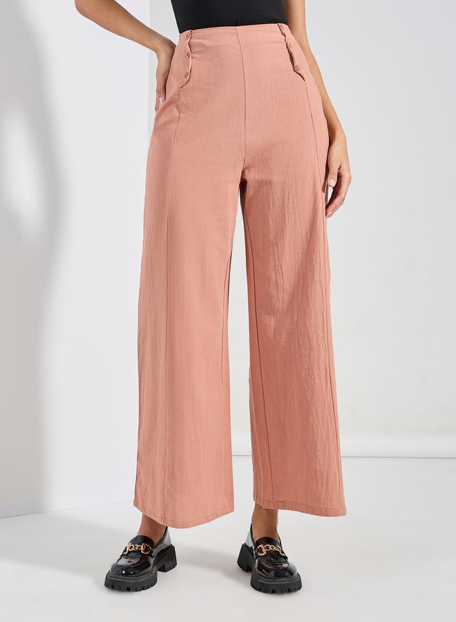Styli Textured Wide Leg Pants with Button Detail  - Image 1