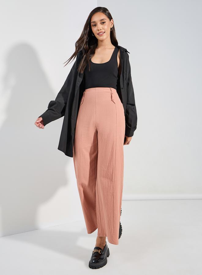 Styli Textured Wide Leg Pants with Button Detail  - Image 2