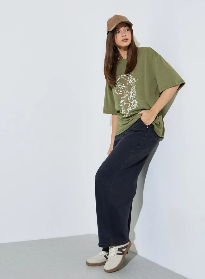 Styli Olive Graphic Print Oversized T-Shirt