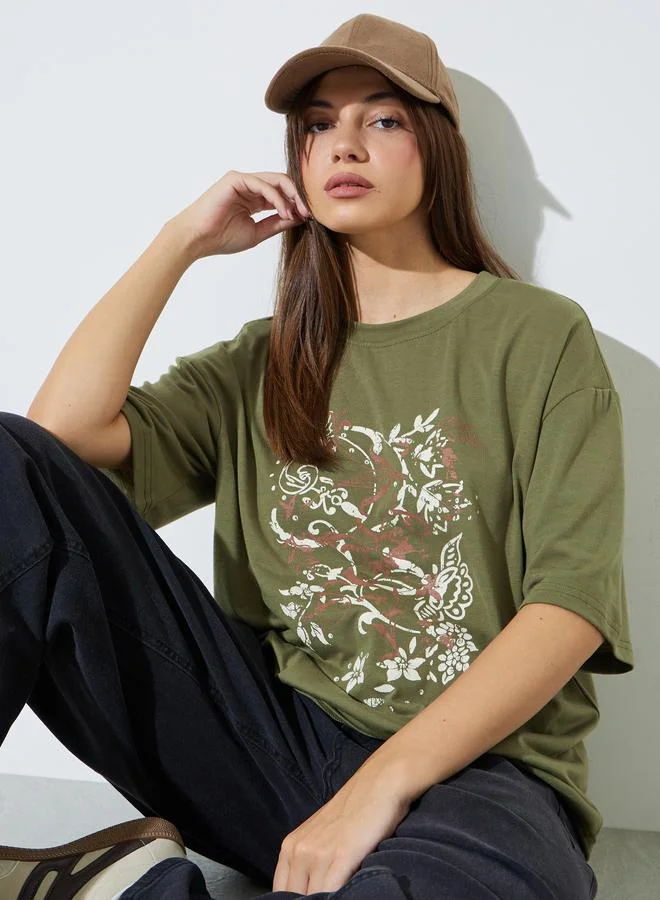 Styli Olive Graphic Print Oversized T-Shirt