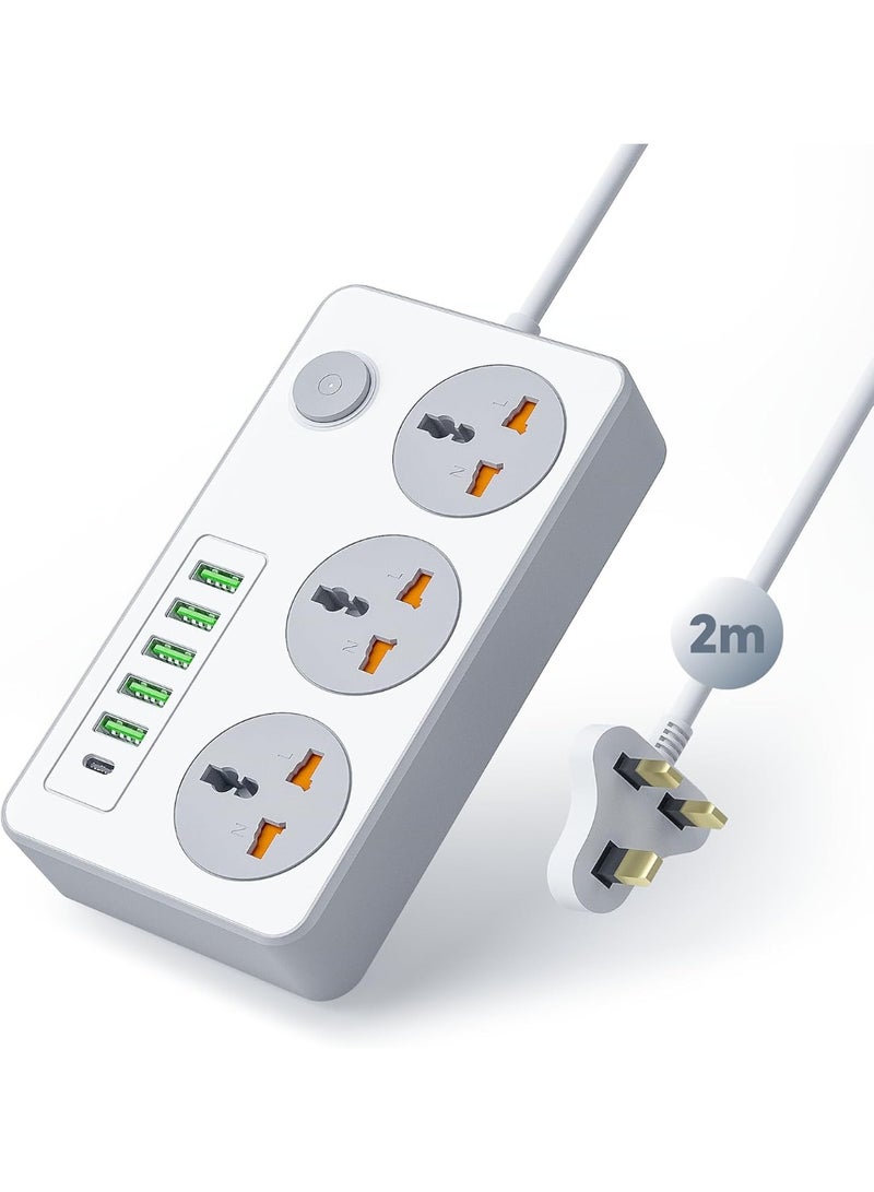 Baytion Extension Lead with UK Plug 3 Pin Socket Outlet with 3 Gang | 5 USB Port | 1 Type-C Port, 2M Electric Socket Mains Strip for Home and Office - Image 1