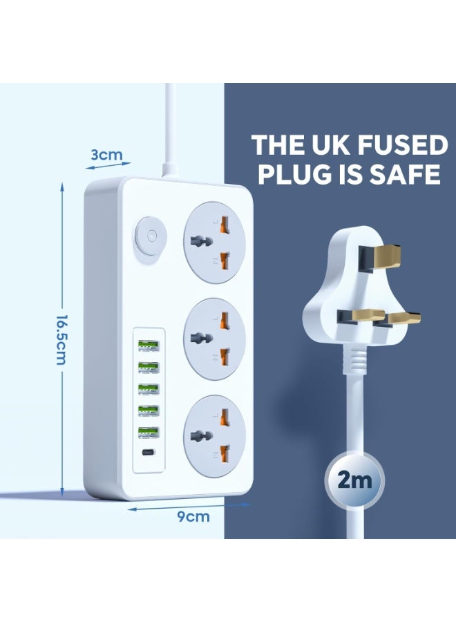 Baytion Extension Lead with UK Plug 3 Pin Socket Outlet with 3 Gang | 5 USB Port | 1 Type-C Port, 2M Electric Socket Mains Strip for Home and Office - Image 3