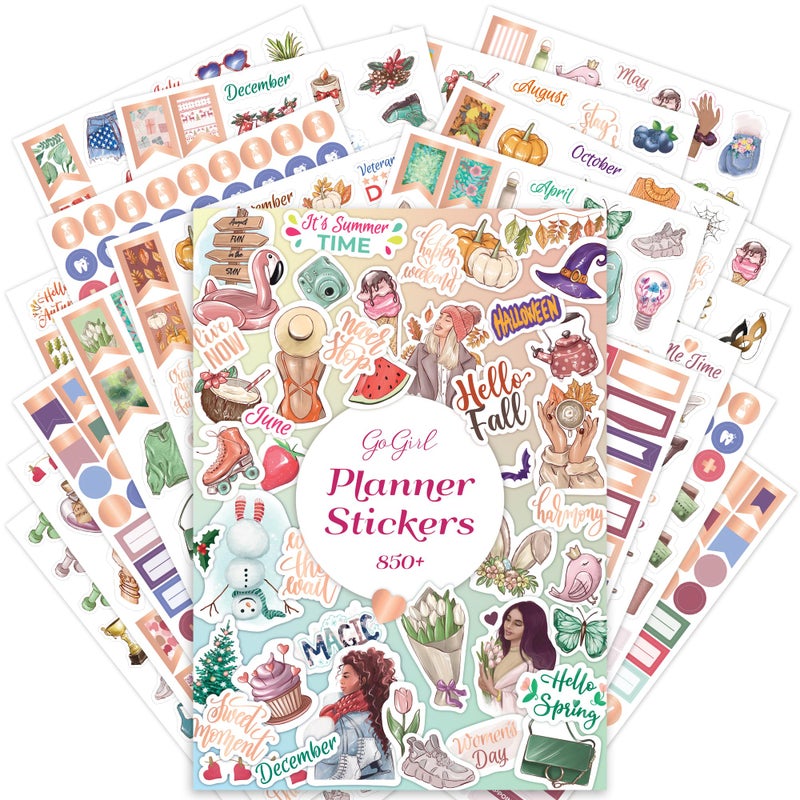 GoGirl Value Sticker Pack â€“ 850+ Small Aesthetic Stickers for Planner, Journal & Calendar â€“ Holidays, Seasonal Stickers, Inspirational Quotes, to-dos, Appointments, Budgeting & Text Boxes â€“ 19 Sheets - Image 1