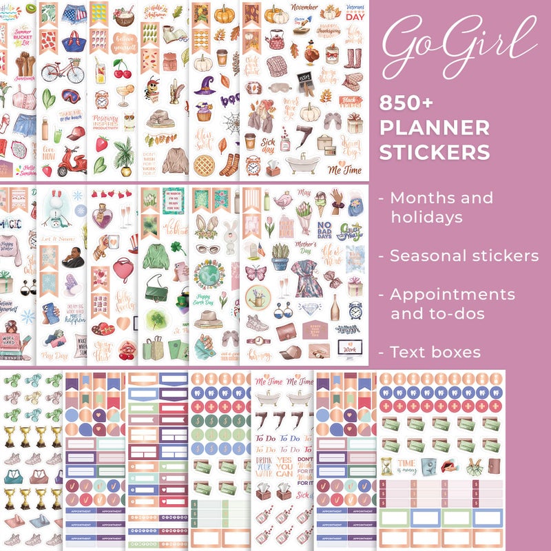 GoGirl Value Sticker Pack â€“ 850+ Small Aesthetic Stickers for Planner, Journal & Calendar â€“ Holidays, Seasonal Stickers, Inspirational Quotes, to-dos, Appointments, Budgeting & Text Boxes â€“ 19 Sheets - Image 2