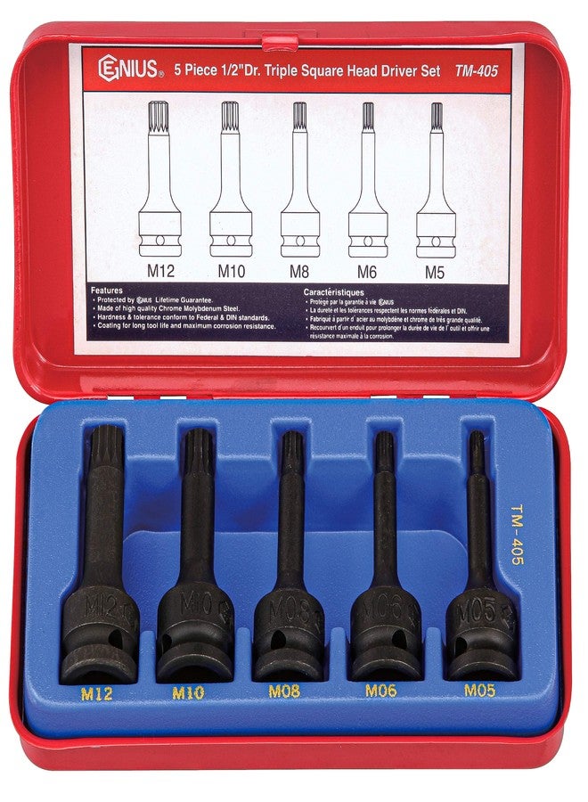 Genius Tools 5 Piece 1/2" Dr. Triple Square Impact Bit Socket Set TM-405