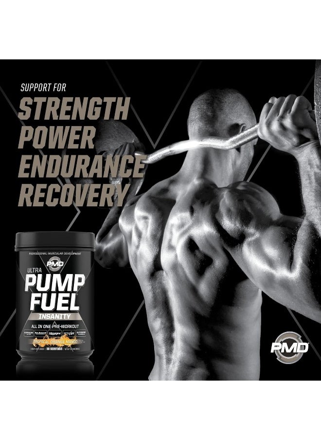 بي ام دي - PMD Sports Ultra Pump Fuel Insanity - مزيج مشروب ما قبل التمرين للحصول على الطاقة والقوة والقدرة على التحمل وزيادة حجم العضلات والتعافي - كربوهيدرات معقدة وطاقة أمينية - برتقال استوائي ومانجو (30 وجبة) - Image 1