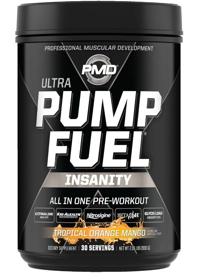بي ام دي - PMD Sports Ultra Pump Fuel Insanity - مزيج مشروب ما قبل التمرين للحصول على الطاقة والقوة والقدرة على التحمل وزيادة حجم العضلات والتعافي - كربوهيدرات معقدة وطاقة أمينية - برتقال استوائي ومانجو (30 وجبة) - Image 1