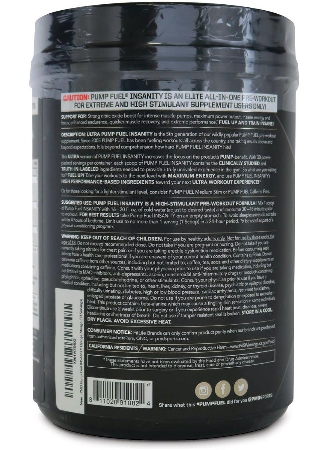 بي ام دي - PMD Sports Ultra Pump Fuel Insanity - مزيج مشروب ما قبل التمرين للحصول على الطاقة والقوة والقدرة على التحمل وزيادة حجم العضلات والتعافي - كربوهيدرات معقدة وطاقة أمينية - برتقال استوائي ومانجو (30 وجبة) - Image 1
