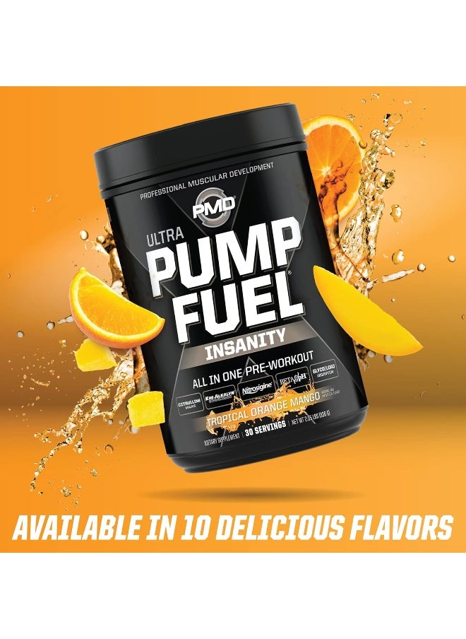 بي ام دي - PMD Sports Ultra Pump Fuel Insanity - مزيج مشروب ما قبل التمرين للحصول على الطاقة والقوة والقدرة على التحمل وزيادة حجم العضلات والتعافي - كربوهيدرات معقدة وطاقة أمينية - برتقال استوائي ومانجو (30 وجبة) - Image 1
