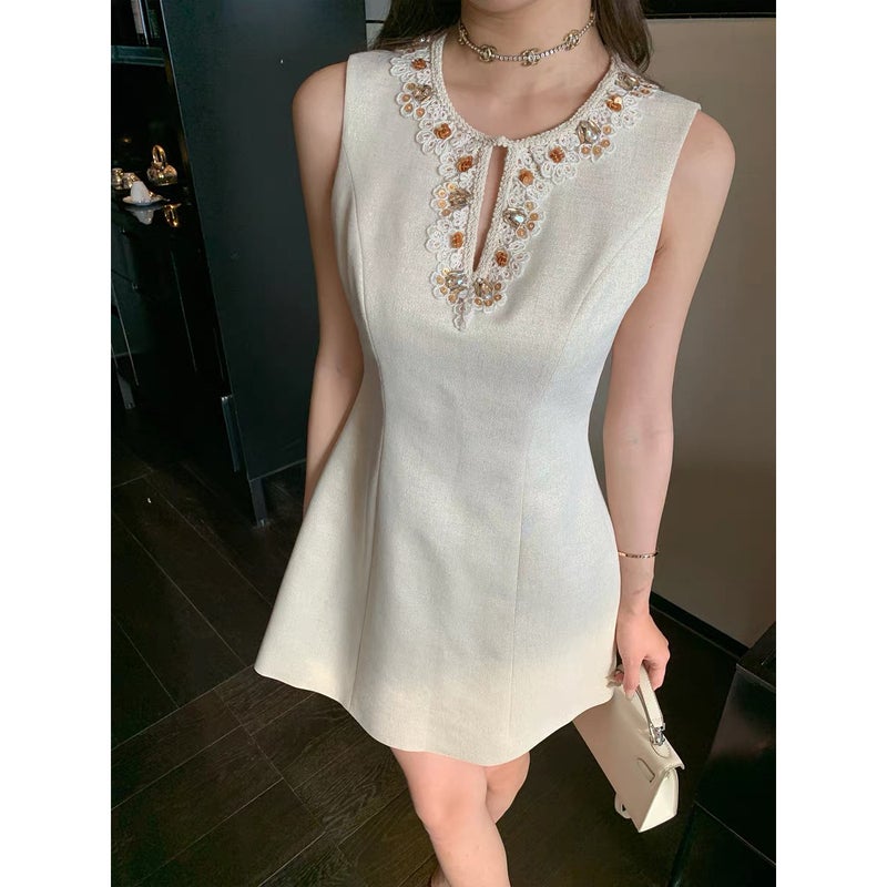 Women's French Vintage Embroidered Rhinestone Tencel Sleeveless A-Line Mini Dress - Image 1