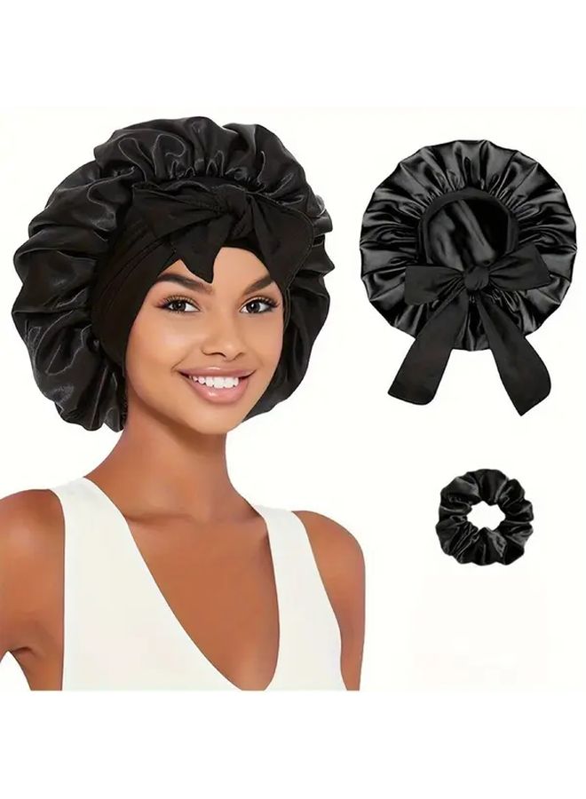 Rose Pink Silk Sleep Cap Set For Women With Hair Ties For Curly And Braided Hairstyles - Image 2