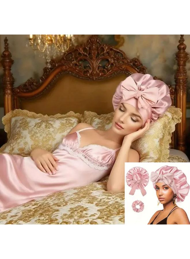 Rose Pink Silk Sleep Cap Set For Women With Hair Ties For Curly And Braided Hairstyles - Image 1