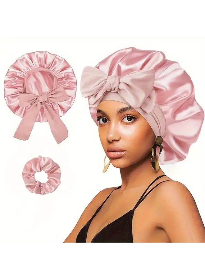 Rose Pink Silk Sleep Cap Set For Women With Hair Ties For Curly And Braided Hairstyles - Image 4