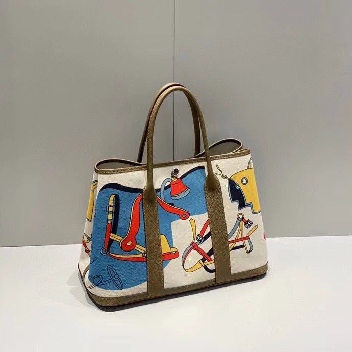 Graffiti Painted Canvas Spliced ​​First-Layer Cowhide Garden Bag High-End Large-Capacity Retro Handbag For Women - Image 2
