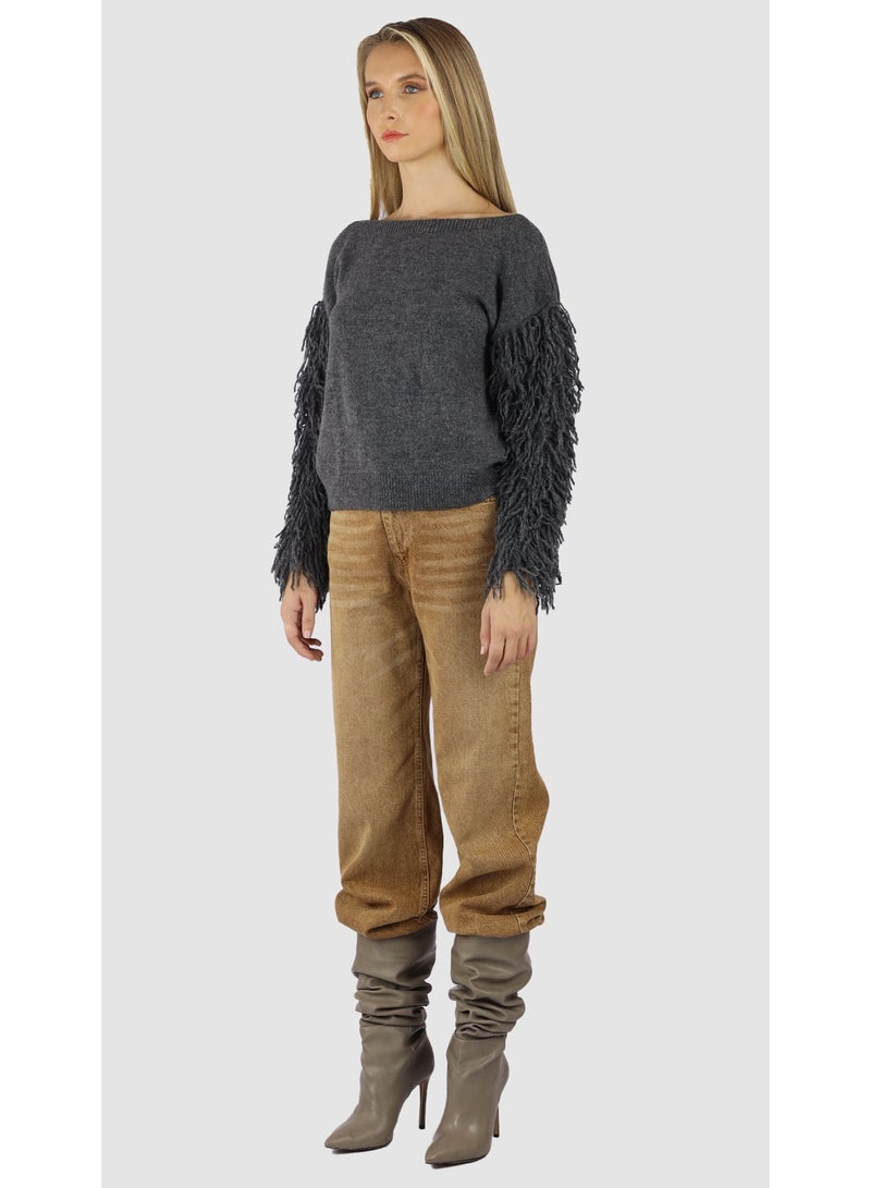 KYVELi Women Fringe Detail Knit Top- Grey - Image 5