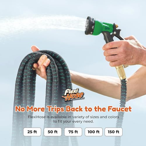 Flexi Hose with 8 Function Nozzle, 75FT - Lightweight Expandable Garden Hose, No-Kink Flexibility, 3/4 Inch Solid Brass Fittings and Double Latex Core - Black and Green - Image 2