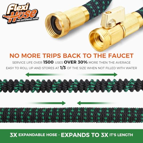 Flexi Hose with 8 Function Nozzle, 75FT - Lightweight Expandable Garden Hose, No-Kink Flexibility, 3/4 Inch Solid Brass Fittings and Double Latex Core - Black and Green - Image 3
