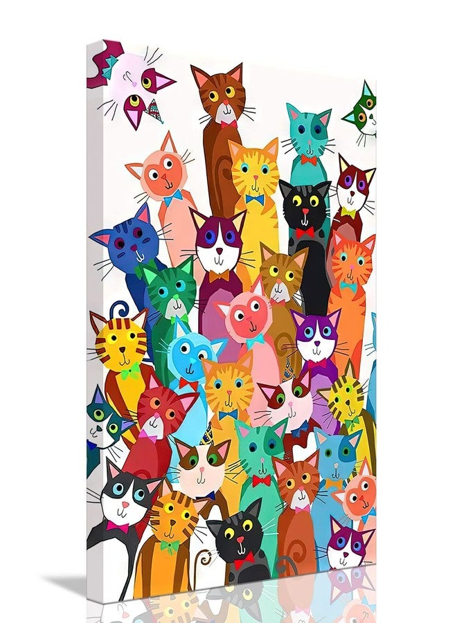 Riveda Framed Funny Colorful Cat Wall Art Cartoon Cat Canvas Print Cute Kitten Picture Poster Animals Painting Wall Decor for Bathroom Kid's Bedroom Nursery 12x16Inches - Image 1