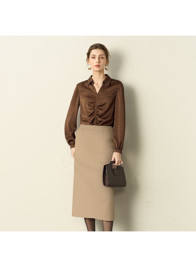 Yanyee Pleated Waist-cinching Blouse For Women,  Autumn And Winter Professional Elegant Slimming Design Base Shirt, Pink-purple, M - Image 1