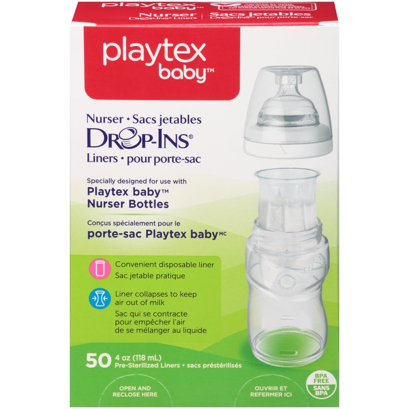 playtex زجاجات بيبي نيرسر من بلايتكس مع بطانات قابلة لإعادة التدوير وقابلة للتخلص منها، معقمة مسبقًا، 4 أونصات، 50 قطعة - Image 1
