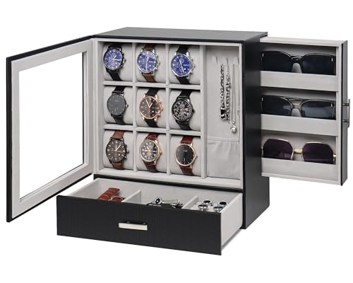Jenseits 9-Slot Watch Box, Mens Jewelry Box with Glass Lid and Drawer, Leather Watch Organizer for Watches, Sunglasses, Vertical Watch Case Holder for Men Women, Gift Idea - Image 1