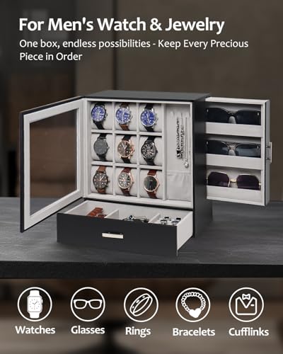 Jenseits 9-Slot Watch Box, Mens Jewelry Box with Glass Lid and Drawer, Leather Watch Organizer for Watches, Sunglasses, Vertical Watch Case Holder for Men Women, Gift Idea - Image 3