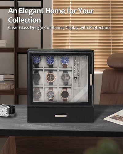 Jenseits 9-Slot Watch Box, Mens Jewelry Box with Glass Lid and Drawer, Leather Watch Organizer for Watches, Sunglasses, Vertical Watch Case Holder for Men Women, Gift Idea - Image 5