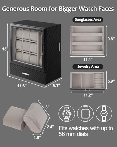 Jenseits 9-Slot Watch Box, Mens Jewelry Box with Glass Lid and Drawer, Leather Watch Organizer for Watches, Sunglasses, Vertical Watch Case Holder for Men Women, Gift Idea - Image 4