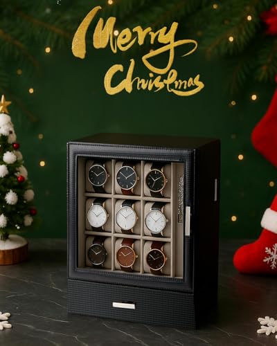 Jenseits 9-Slot Watch Box, Mens Jewelry Box with Glass Lid and Drawer, Leather Watch Organizer for Watches, Sunglasses, Vertical Watch Case Holder for Men Women, Gift Idea - Image 2
