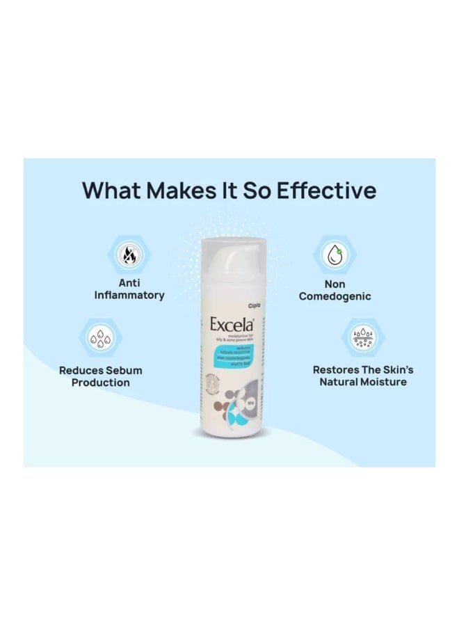 Cipla Excela Moisturiser | Oily & Acne Prone Skin | Reduces Sebum Secretion | 50g - Image 2