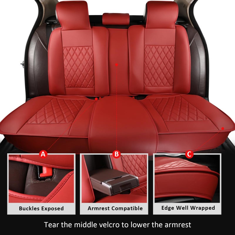 MIROZO Seat Covers Full Set,Waterproof Faux Leather Car Seat Covers Breathable Car Seat Protector Universal Automotive Vehicle Cushion Cover for Most Sedan, Truck and SUV (Full Set, Wine Red - Image 4