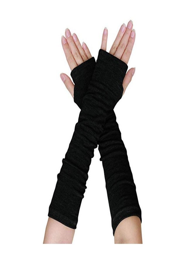 VANTOBEST 1Pair Black Elastic Fingerless Long Gloves Winter Warm Knit Thumbhole Arm Warmer Thumb Hole Gloves Mittens for Women and Men - Image 1